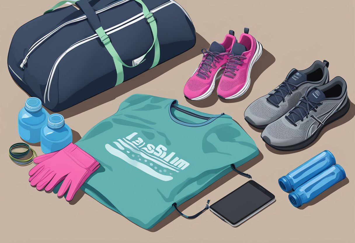 A gym bag filled with workout clothes, water bottle, resistance bands, lifting gloves, and a pair of running shoes laid out on a bench