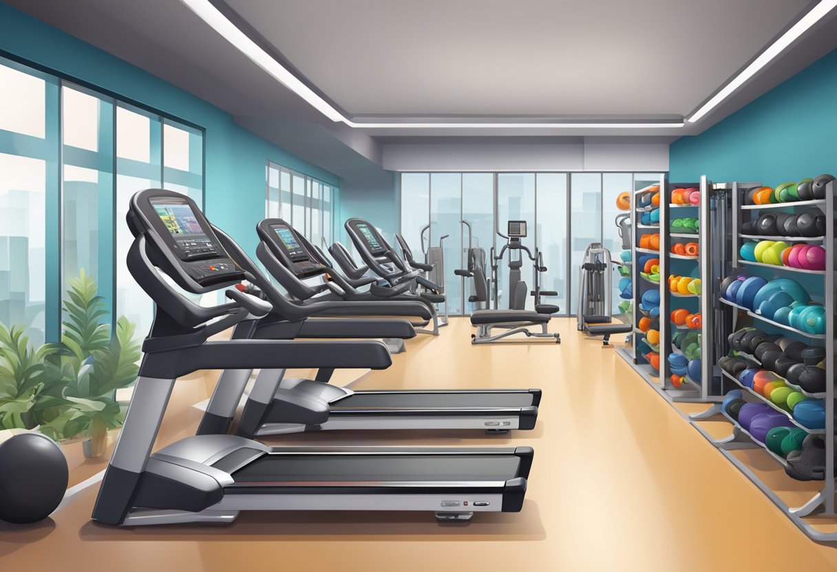 A gym with a variety of innovative fitness accessories and apparel neatly displayed on shelves and racks