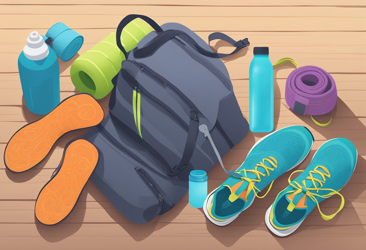 A gym bag open on the floor, spilling out a pair of running shoes, a water bottle, a sweat towel, and a protein shaker. A yoga mat and resistance bands are neatly rolled up nearby