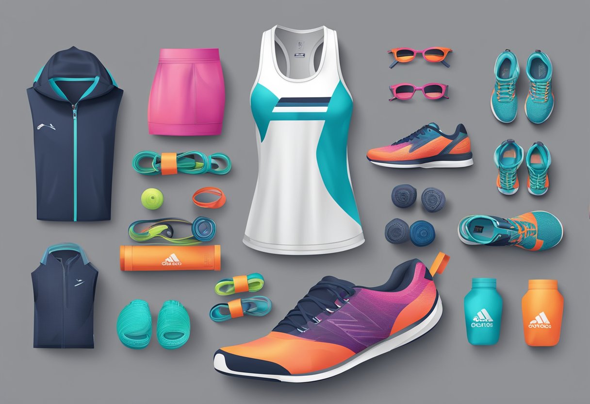 A collection of fitness apparel and accessories arranged in a dynamic and eye-catching display