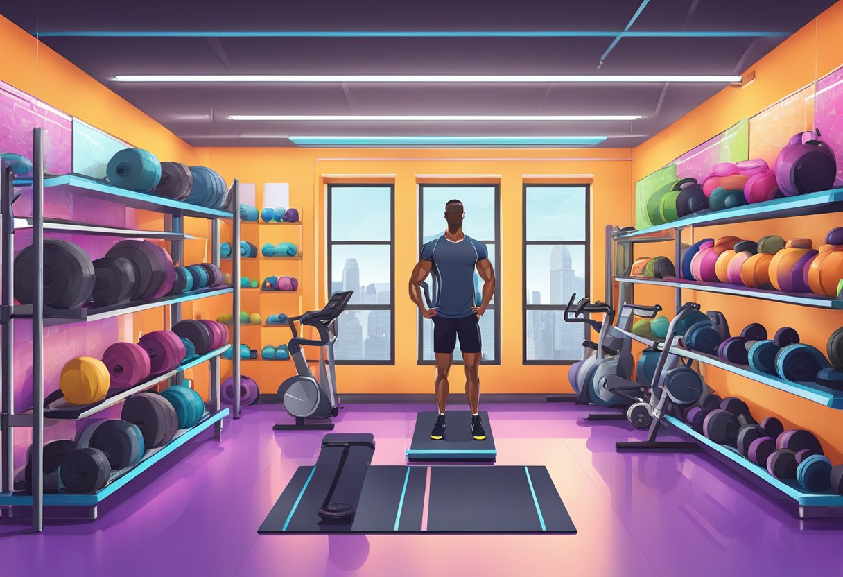 A vibrant gym scene with trendy fitness apparel showcased on mannequins and shelves, surrounded by sleek workout equipment and motivational wall art