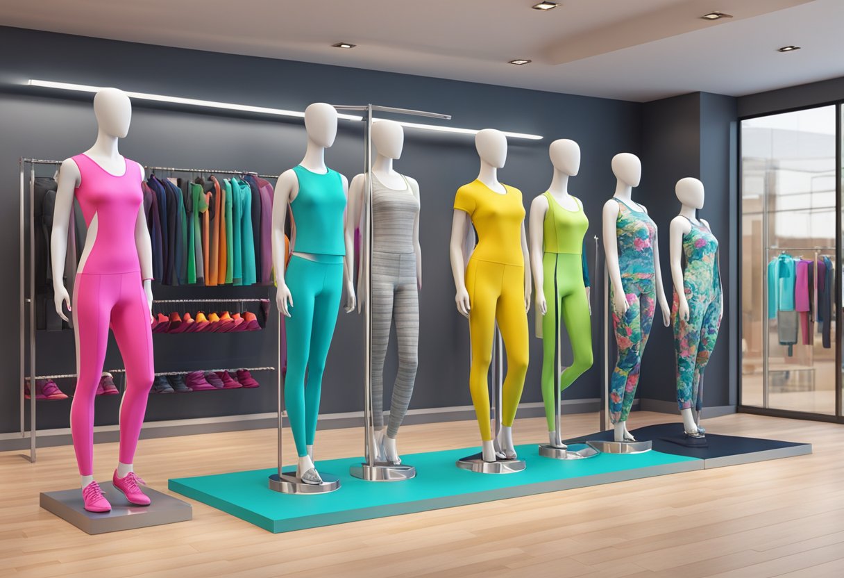 A colorful array of trendy fitness apparel displayed on sleek mannequins in a modern boutique setting