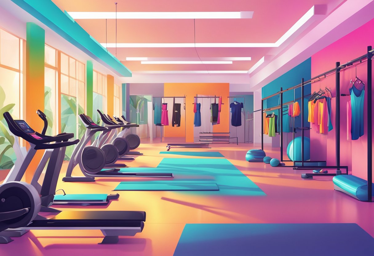 A vibrant gym setting with stylish activewear on display, including colorful leggings, sleek sports bras, and trendy tank tops. Bright lighting and modern decor enhance the trendy fitness apparel