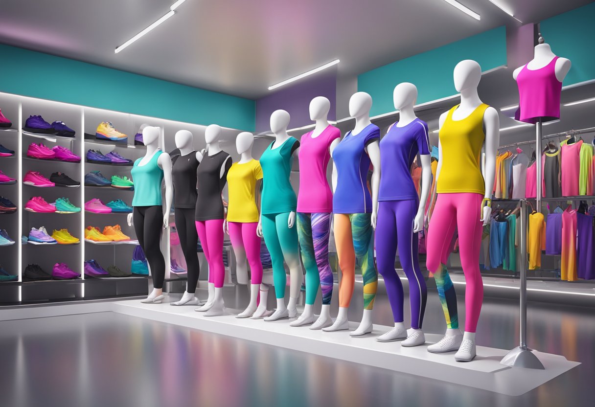 A vibrant display of trendy fitness apparel, including colorful leggings, sports bras, and matching tops, arranged on sleek mannequins in a modern retail setting