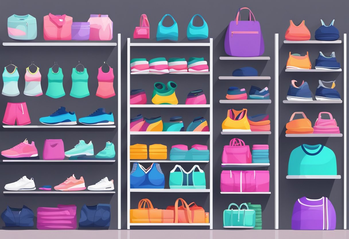 A colorful display of trendy fitness apparel, including leggings, sports bras, and sneakers, arranged on sleek, modern shelves in a bright, spacious store