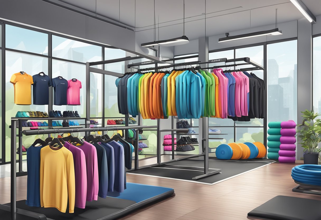 A colorful array of trendy fitness apparel displayed on sleek racks in a modern, well-lit boutique