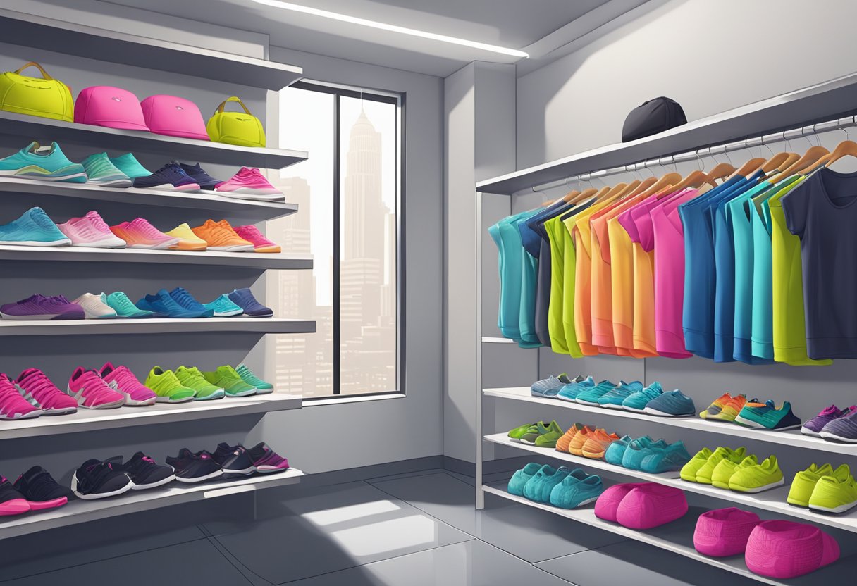 A vibrant display of trendy fitness apparel, including leggings, sports bras, and tank tops, arranged on sleek, modern shelving in a well-lit boutique setting