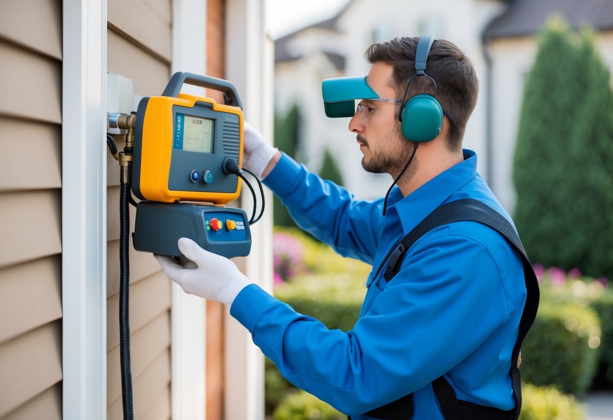 A technician using specialized equipment to detect water leaks in a residential or commercial building