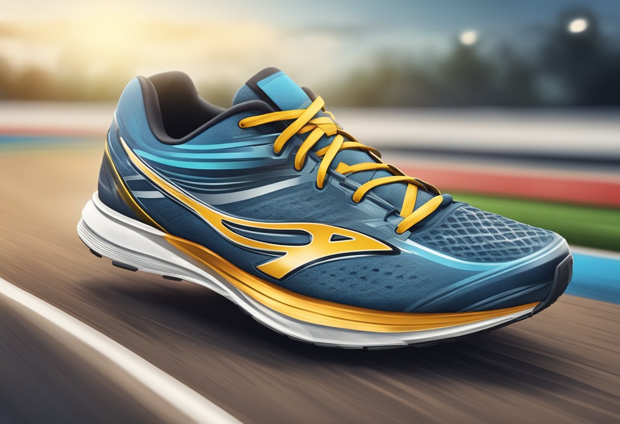 A pair of running shoes with cushioned soles and supportive structure, shown in motion on a track with a focus on speed and comfort