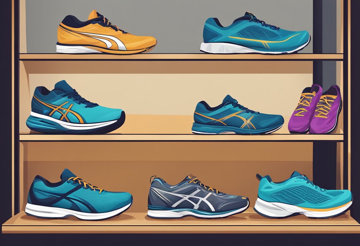 A pair of running shoes placed neatly on a shelf, surrounded by other athletic gear. The shoes appear to be well-cushioned and supportive, with a sleek design suggesting speed and performance