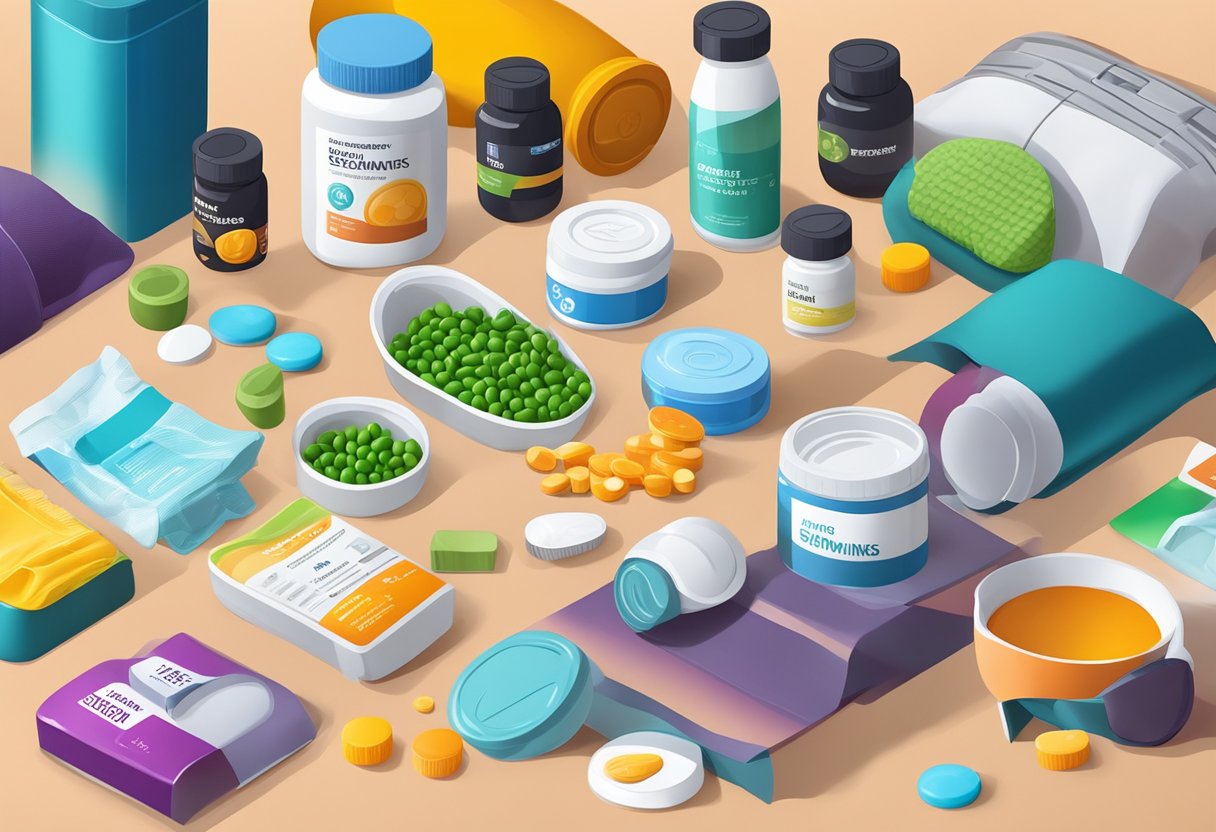 A colorful array of various supplements and vitamins arranged on a clean, modern table, with athletic gear in the background