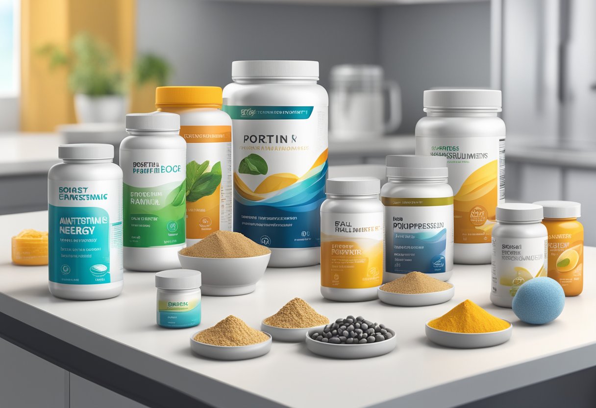 A vibrant array of essential supplements for athletes, including protein powder, vitamins, and energy-boosting supplements, displayed on a clean, modern countertop