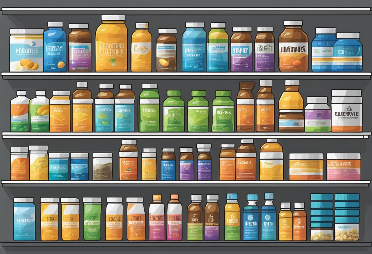 A lineup of essential supplements for athletes, including protein powder, multivitamins, and electrolyte drinks, displayed on a sleek, modern shelf