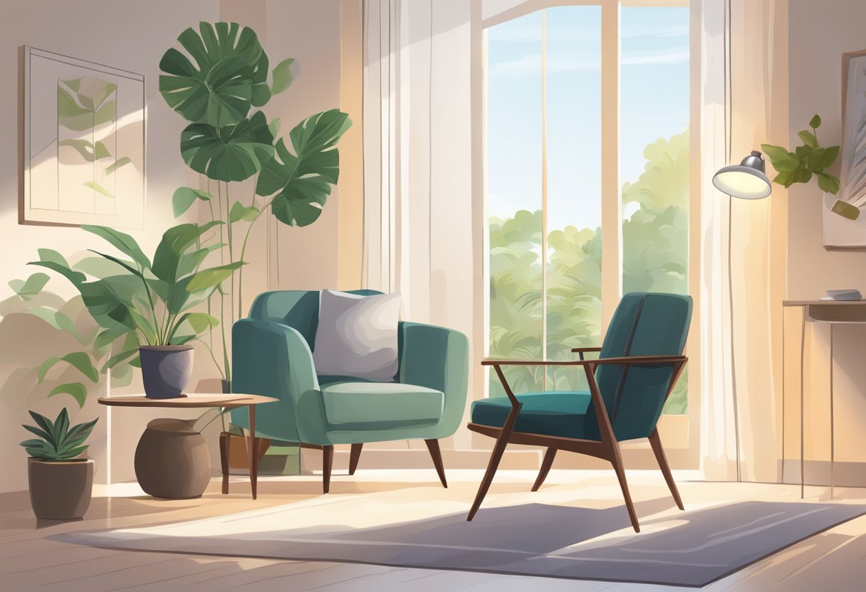 A serene room with a comfortable chair, soft lighting, and a calming atmosphere. A table with a glass of water and a plant in the corner