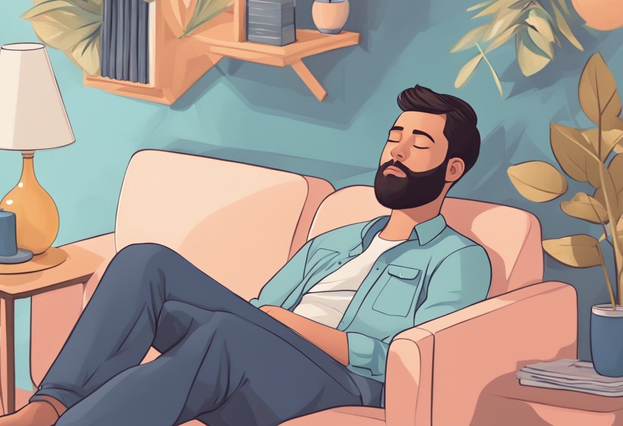 A person lying on a comfortable couch with a cool compress on their forehead, surrounded by soothing colors and calming decor