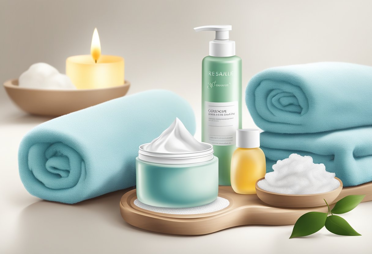 A serene spa setting with a bottle of moisturizer, a cooling gel mask, and a soft towel laid out on a clean, white surface