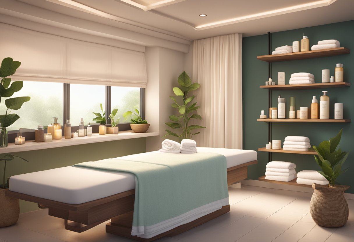 A serene spa room with soft lighting, a comfortable treatment bed, and a shelf of skincare products