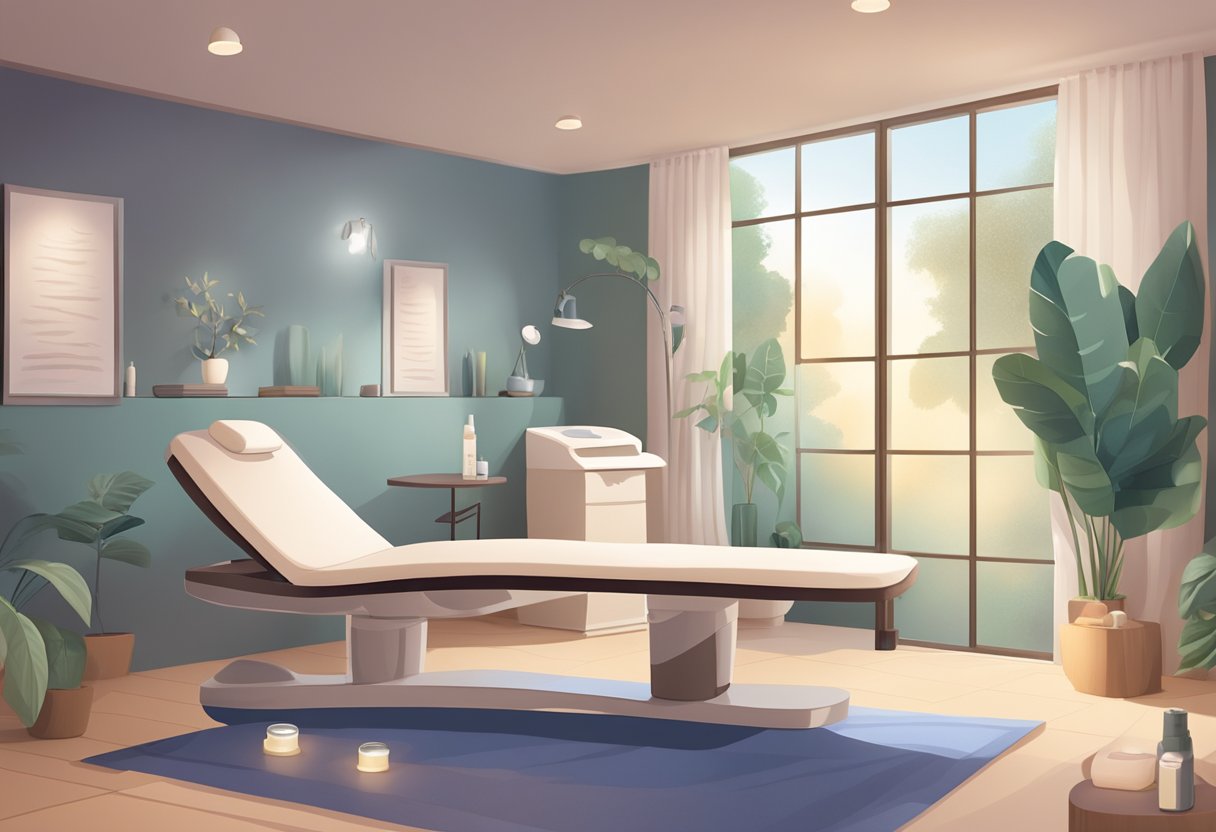 A serene spa room with soft lighting and a comfortable treatment chair. A table holds post-Botox care instructions and a soothing skincare product