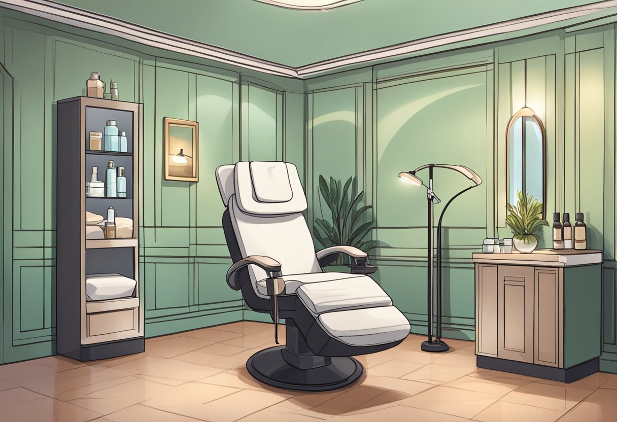 A serene spa room with a comfortable reclining chair and soft lighting, where a person is receiving a Botox treatment from a skilled professional