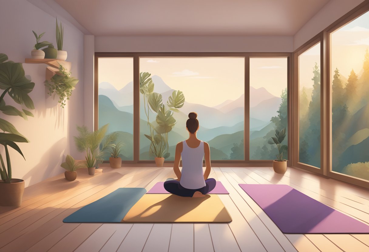 A serene yoga studio with soft lighting and calming decor, featuring a peaceful scene of a person practicing gentle stretching and meditation