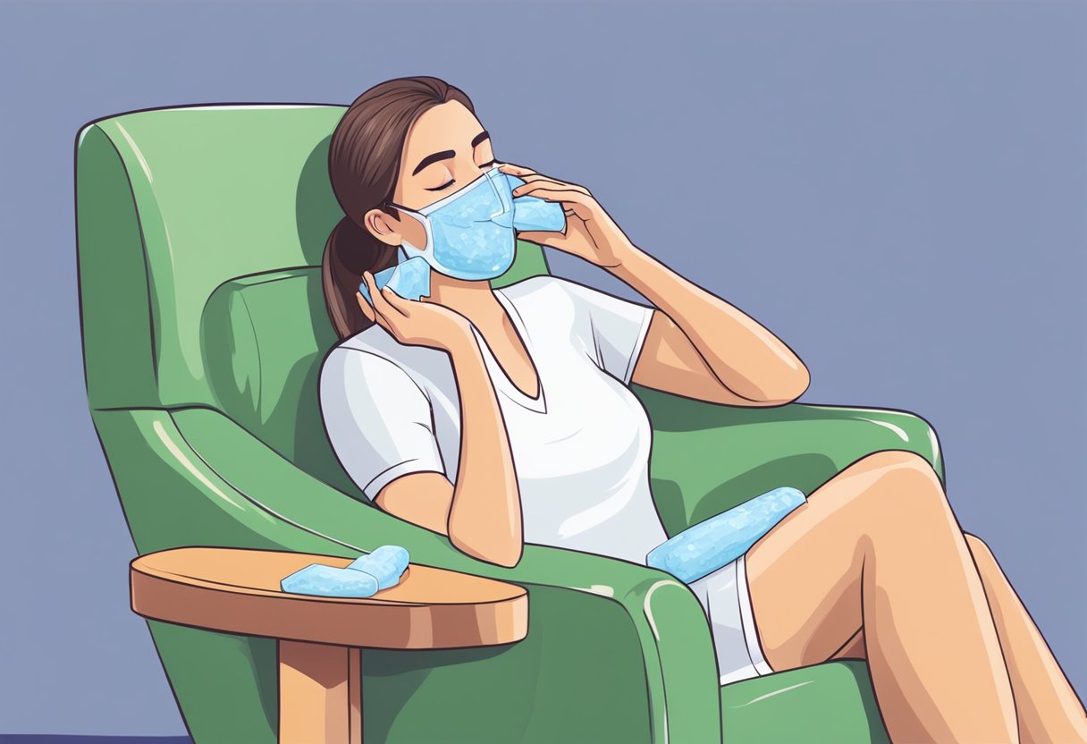 A woman applying ice packs to her face while sitting in a comfortable chair