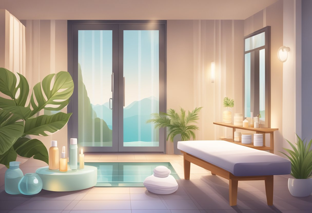 A serene spa room with soft lighting and a table set with gentle skincare products, a soothing mask, and a cooling gel for sensitive skin