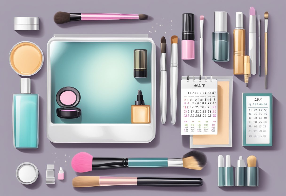 A woman's vanity table with a mirror, makeup brushes, and cosmetic products arranged neatly, with a calendar showing the date of her Botox treatment