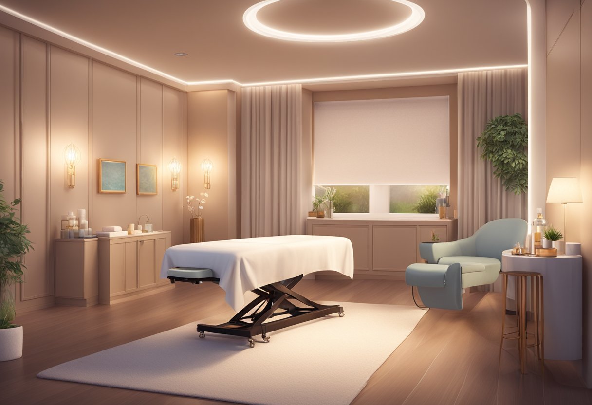 A serene spa room with a table set up for a Botox treatment, surrounded by calming decor and soft lighting