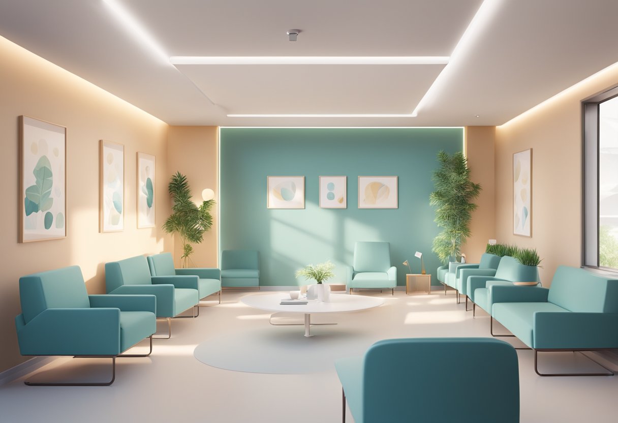 A serene, modern clinic with soft lighting and comfortable seating. A professional atmosphere with medical equipment and a friendly reception area