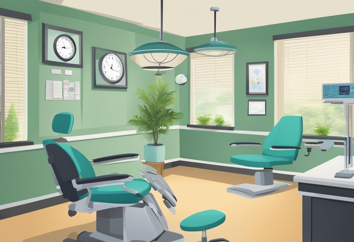 A serene medical office with a comfortable treatment chair and a professional administering Botox injections. A clock on the wall shows the passage of time