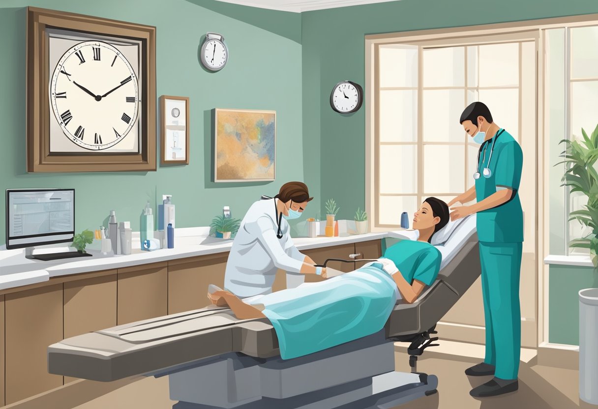 A serene, clinical setting with a doctor administering Botox to a patient's facial area, while a clock on the wall shows the passing of time within the first 24 hours