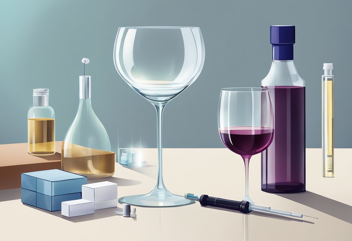 A glass of wine sits untouched next to a syringe and vial of Botox on a sleek, modern countertop