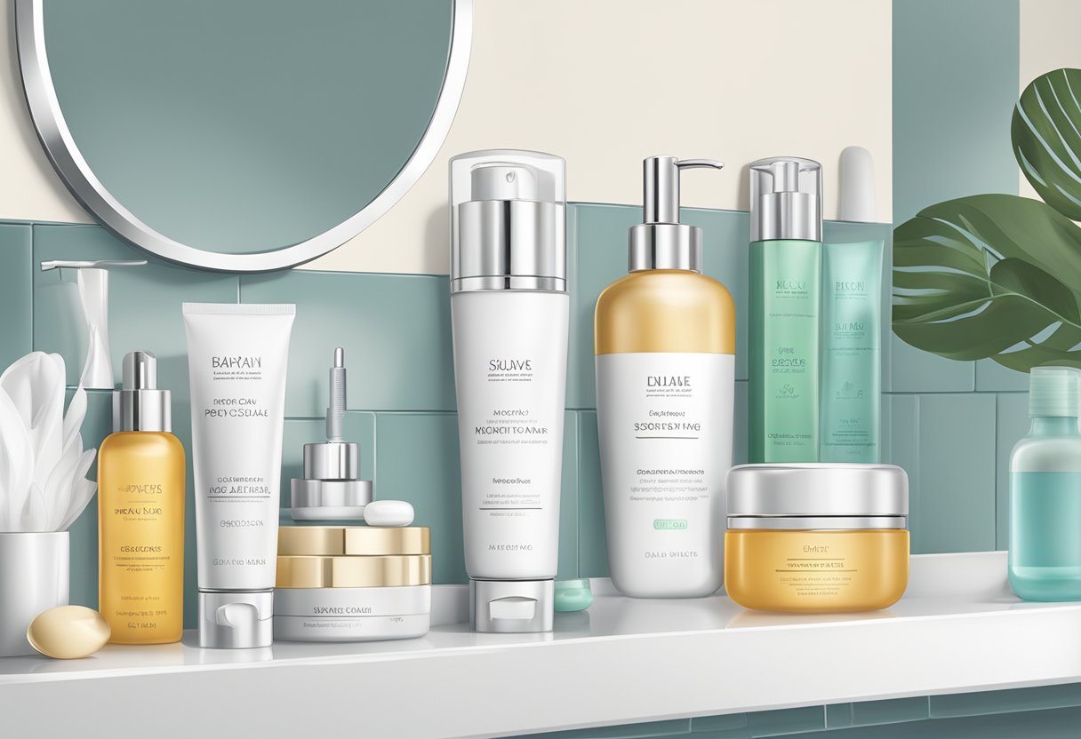 A serene bathroom counter with a lineup of luxurious skincare products, including moisturizers and serums, next to a bottle of Botox