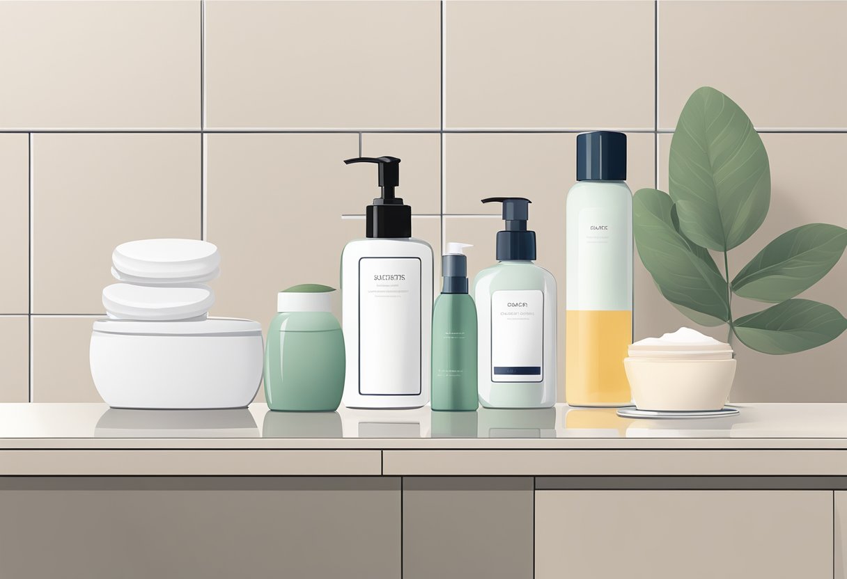 A serene, minimalist bathroom counter with a bottle of moisturizer and a few skincare products neatly arranged