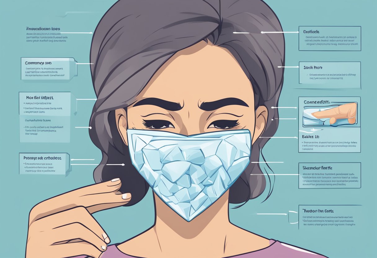 A person holding an ice pack to their face, with a concerned expression. A list of common side effects of Botox and how to handle them is displayed next to them