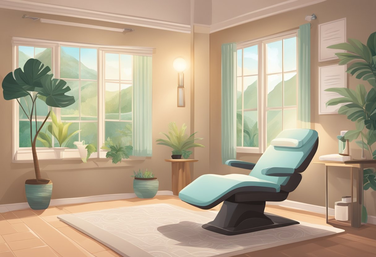 A serene spa room with a comfortable chair, soft lighting, and a serene atmosphere. A calendar on the wall shows the date of the Botox treatment