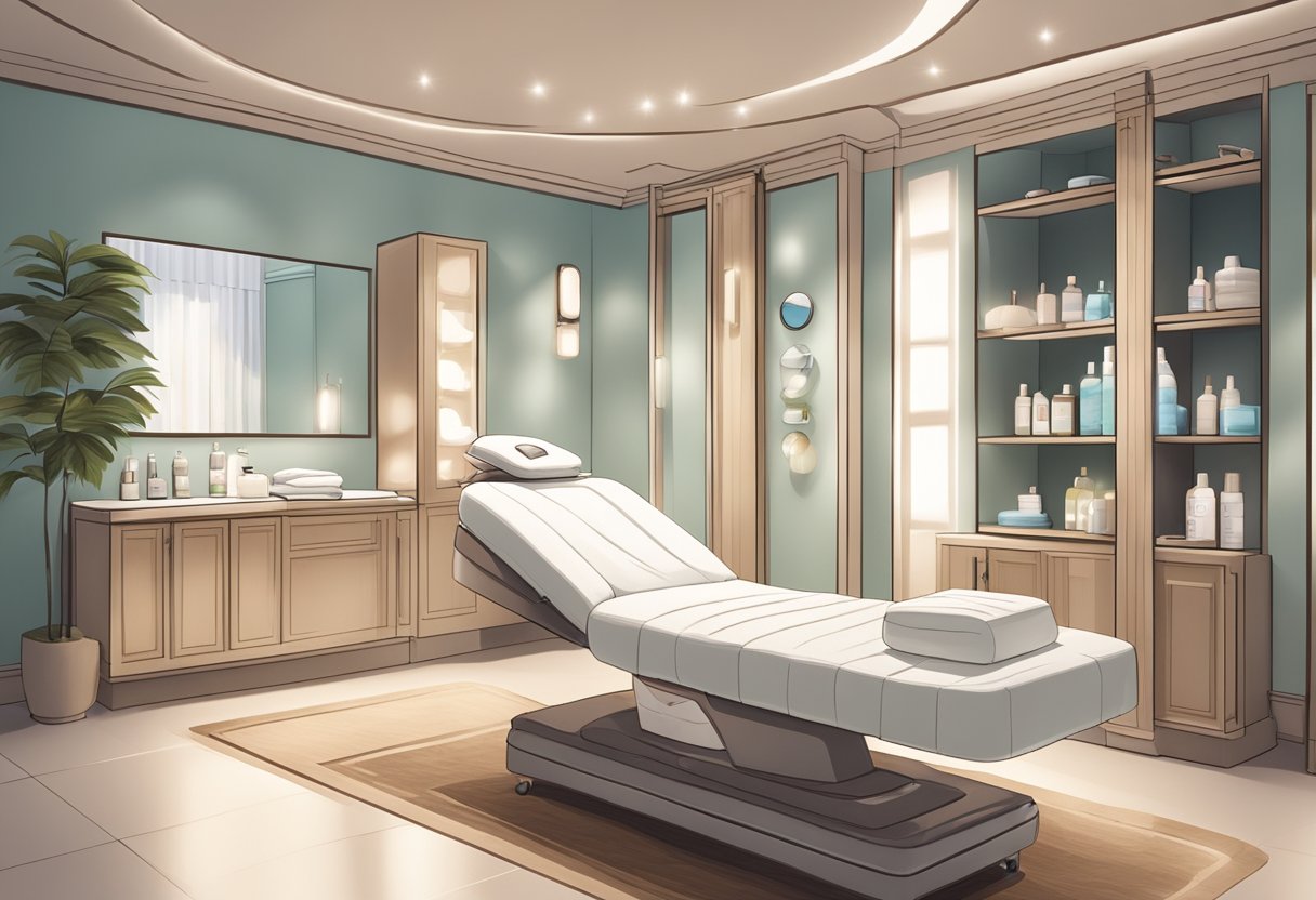 A serene spa room with a plush treatment bed, soft lighting, and a tray of skincare products for post-Botox forehead care