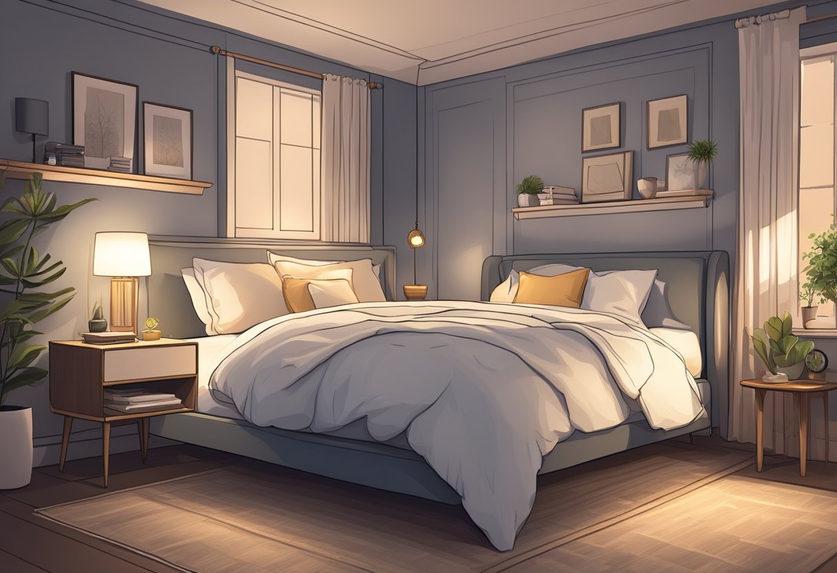 A serene bedroom with dim lighting, a cozy bed, and a relaxed atmosphere. A clock on the nightstand shows the time, indicating the end of the day