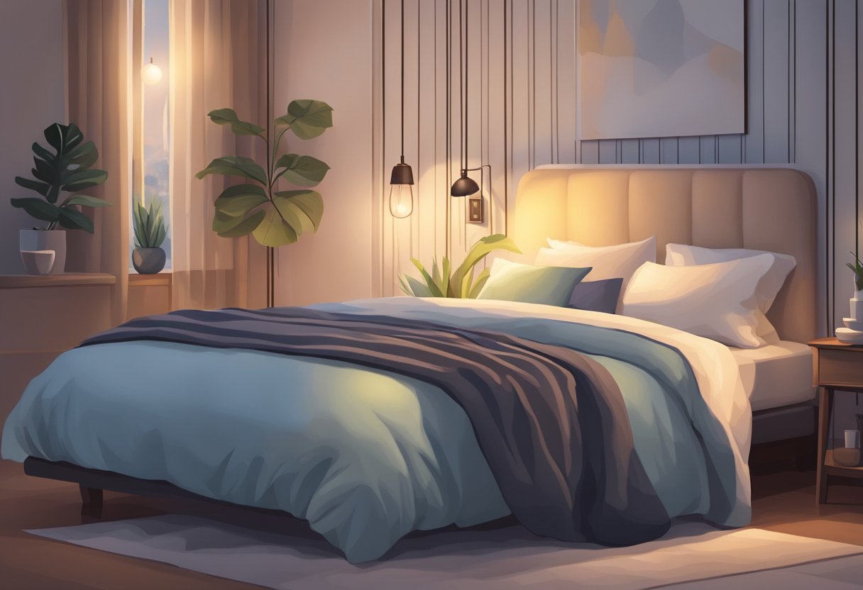 A serene bedroom with a dimly lit lamp on a nightstand, a comfortable bed with soft pillows, and a peaceful atmosphere conducive to rest and relaxation