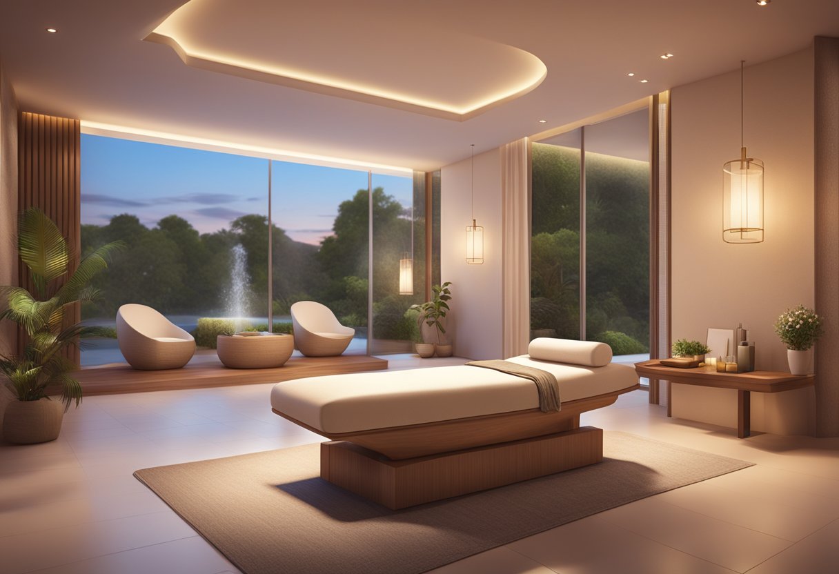 A serene spa room with soft lighting and a comfortable treatment chair, surrounded by calming decor and soothing music