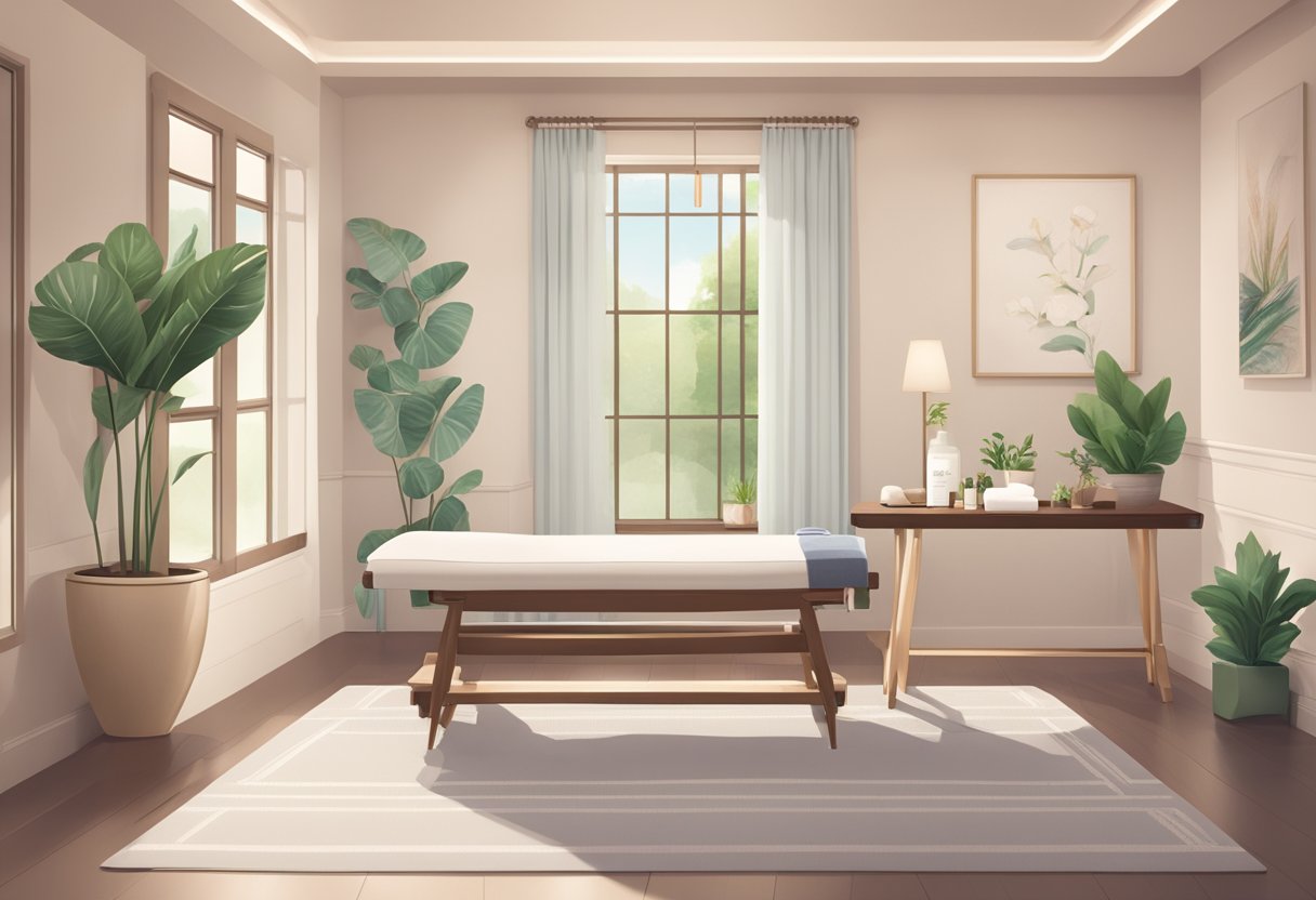 A serene spa room with a comfortable consultation area, a table with skincare products, and a poster displaying recovery and aftercare tips for Botox jawline contouring