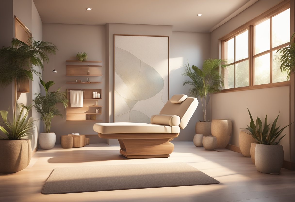 A serene spa setting with a reclined treatment chair, soft lighting, and a soothing atmosphere, with a focus on the jawline area for Botox contouring