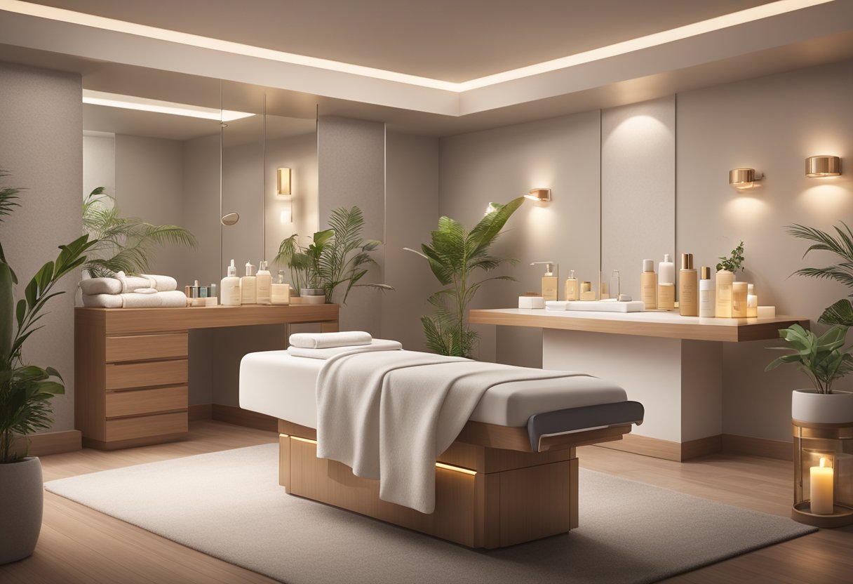 A serene spa room with a comfortable treatment bed and soft lighting, showcasing various skincare products and tools neatly arranged on a sleek, modern table