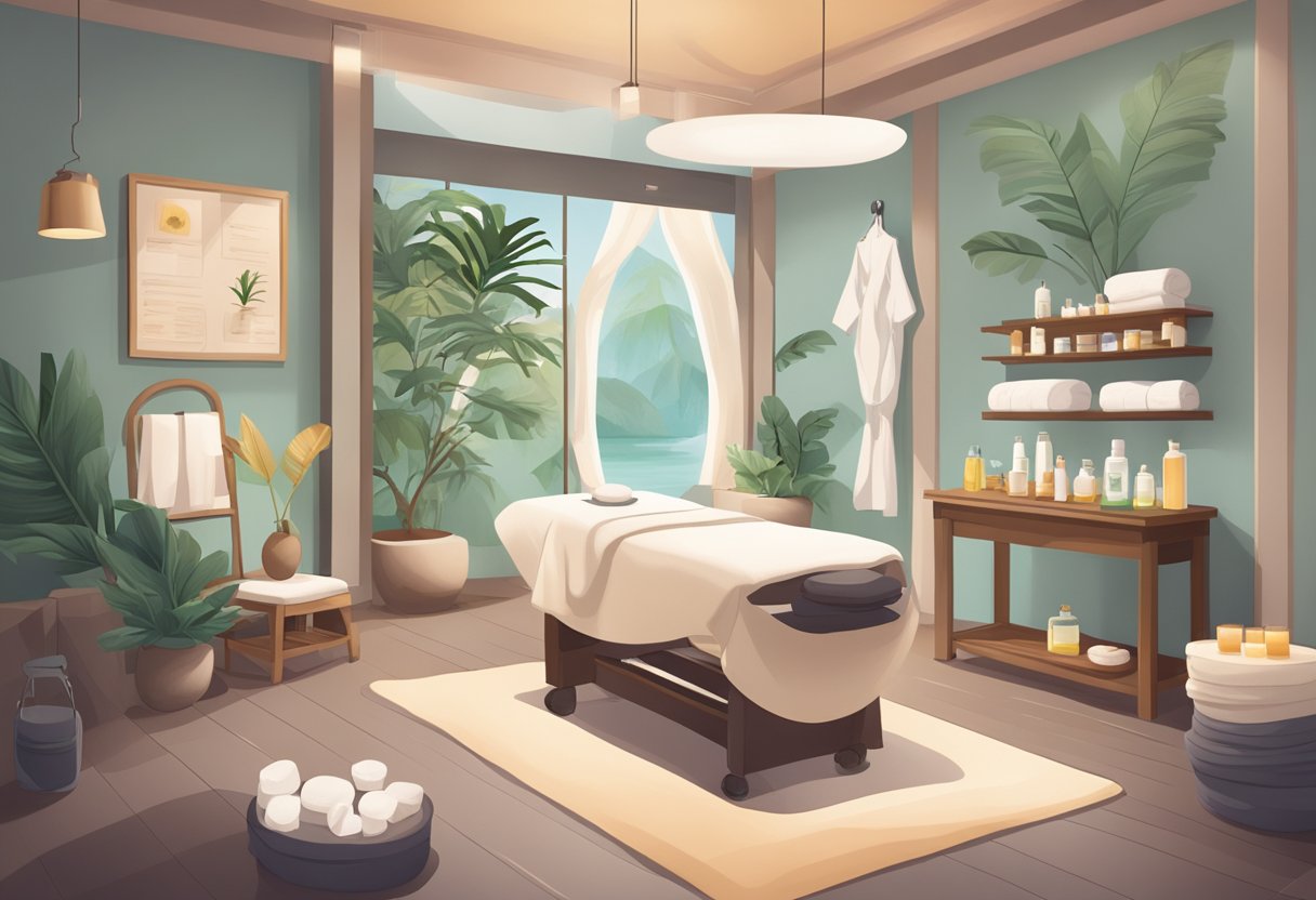 A serene spa room with a table set up for a skin treatment, surrounded by posters of safety guidelines for aftercare