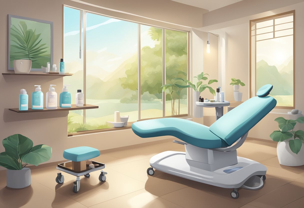 A serene spa room with a reclining treatment chair, a medical cart with various skincare products, and a large window letting in natural light