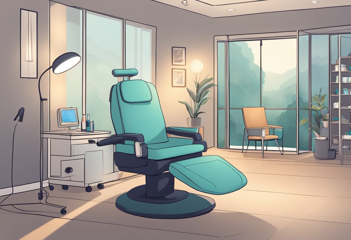 A serene room with a comfortable chair, soft lighting, and a calm atmosphere. A medical professional is preparing equipment for follow-up care after a Botox treatment for migraines