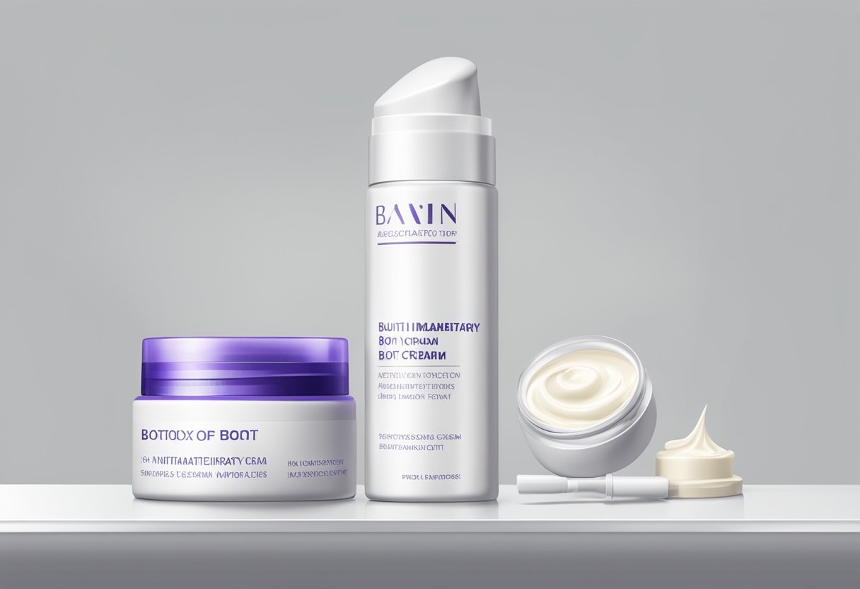 A bottle of Botox next to a tube of anti-inflammatory cream on a clean, white countertop