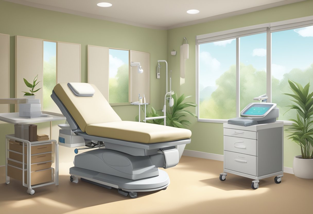 A serene spa room with a reclining treatment chair, a medical cart with supplies, and a calm, professional atmosphere