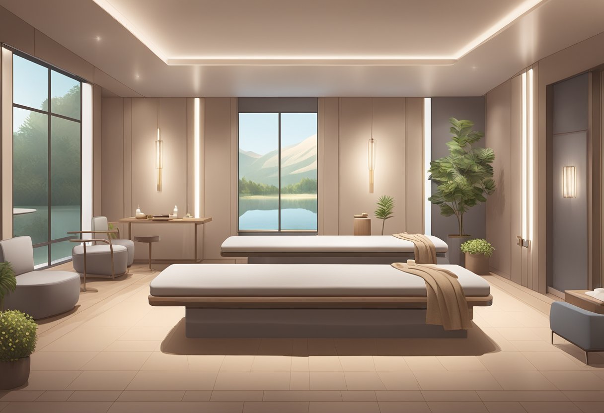 A serene spa environment with a sleek, modern treatment room featuring soft lighting, comfortable seating, and a calming color palette