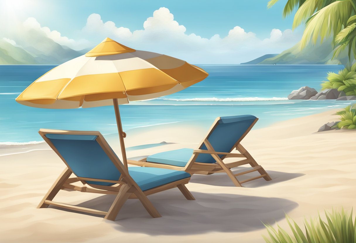 A serene beach setting with a large sun hat, sunglasses, and a protective umbrella to shield from the sun's rays